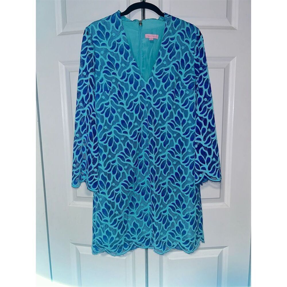 Lilly Pulitzer Women's Size 8 Blue Lace Cocktail Dress Long Sleeve